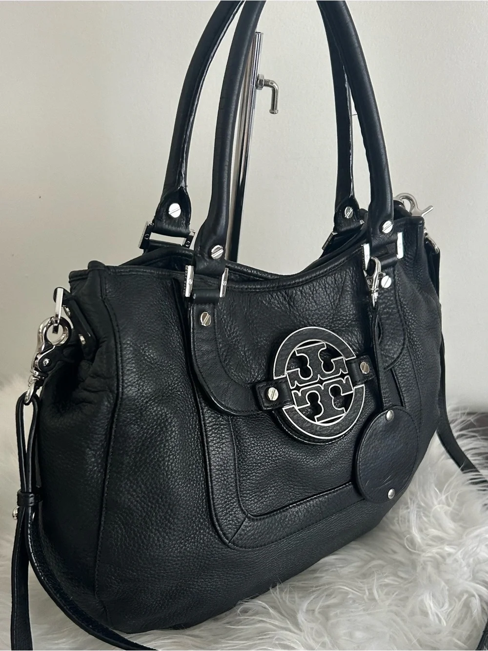 Tory Burch Amanda Black Pebbled Leather Tote Shoulder Bag Crossbody